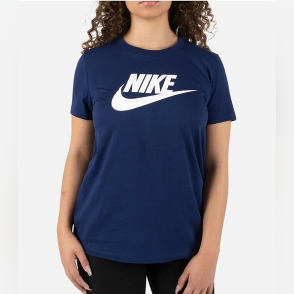Nike The Nike Tee Navy Blue Rewneck Shirt White Logo Spellout Swoosh M - Picture 2 of 6